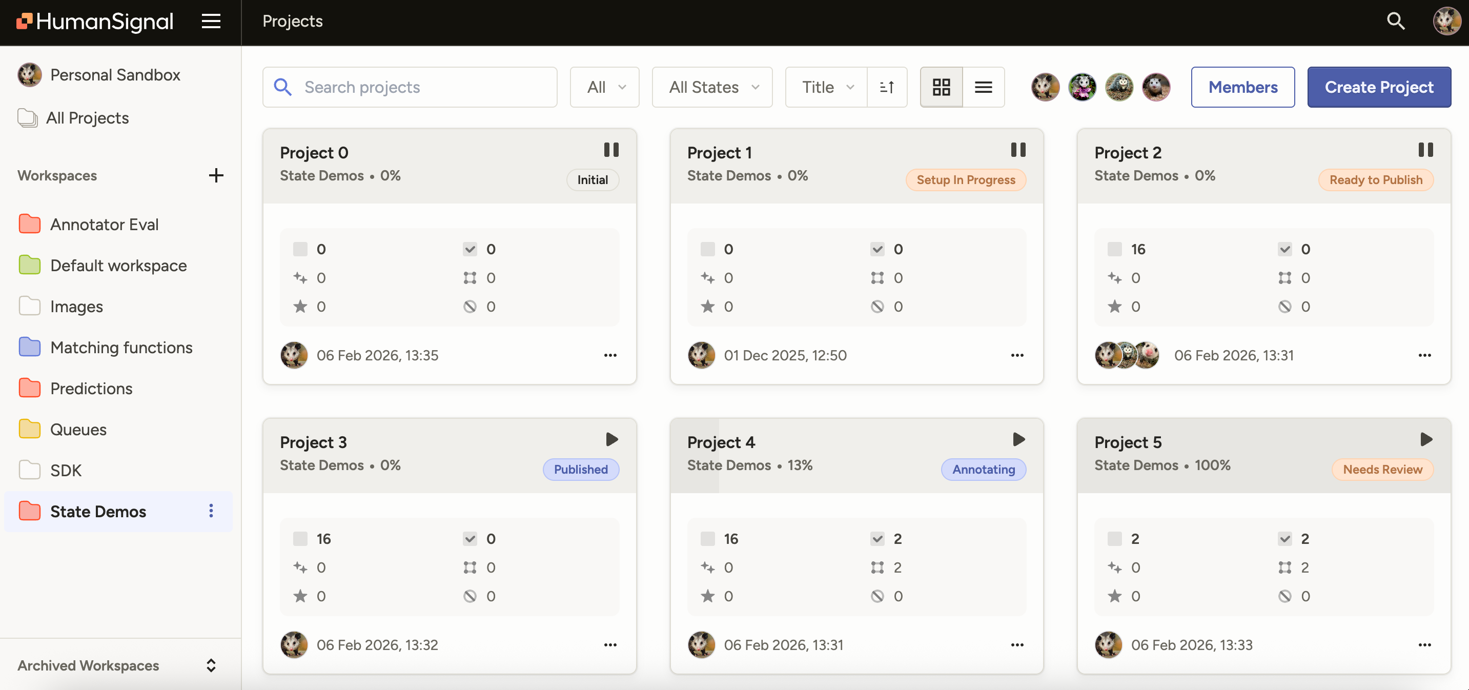 Screenshot of the All Projects page